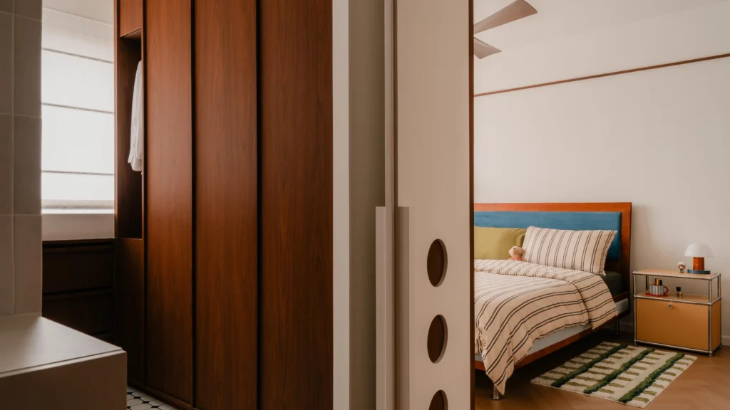 Master bedroom with storage bed and built in storage that keeps the space feel calm and spacious