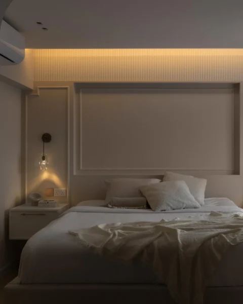 Small bedroom ideas with layered lighting, floating shelves and calm neutrals in a KL condo